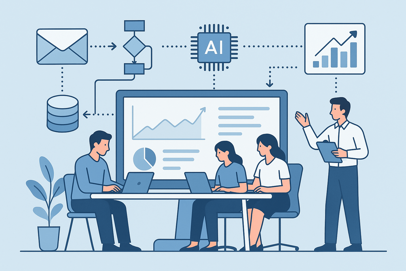 Flat-style illustration of a team using AI-powered workflow automation tools with charts, emails, databases, and dashboards