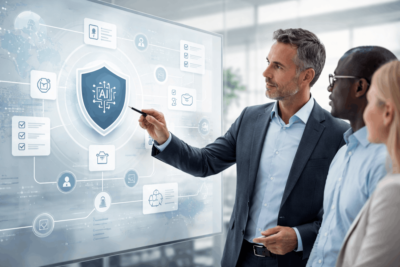 Business leaders reviewing AI compliance readiness with a clean digital governance interface in a modern office