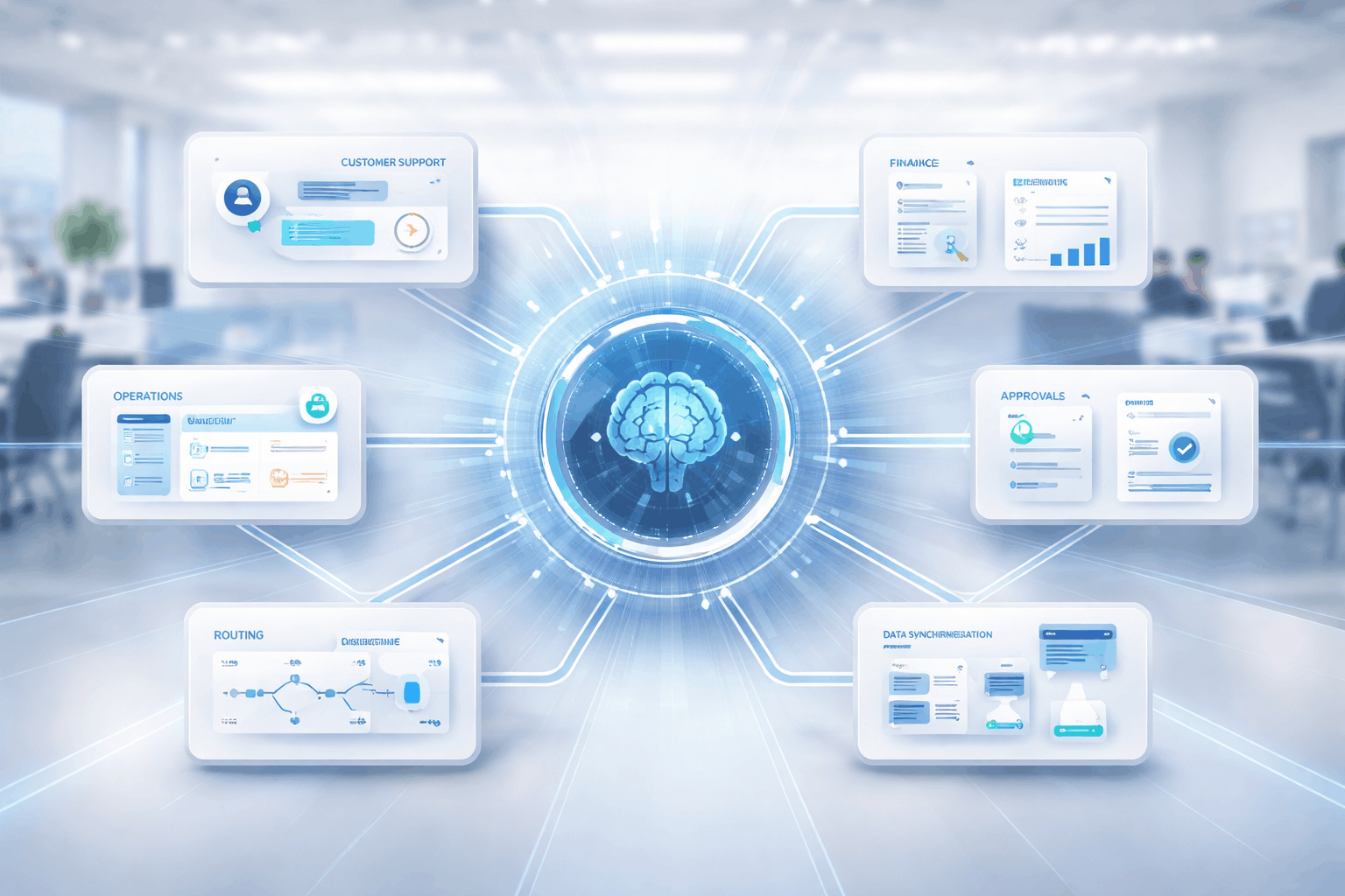 Central AI orchestration system coordinating multiple connected business workflows in a modern enterprise setting